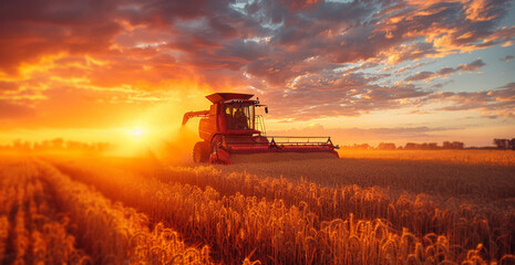 Fototapeta premium A red tractor is driving through a field as the sun sets, creating a picturesque scene with warm hues and long shadows.
