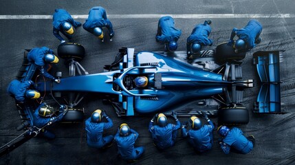 View from above, car receives rapid servicing from dedicated pit crew in blue gear. Coordination and efficiency required to maintain competitive edge in racing.