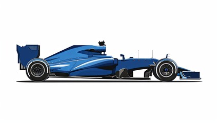 Obraz premium Drawn illustration. Futuristic blue race car with large wing and sleek design against white background. Motorsport and speed.