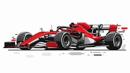 Drawn illustration. Red racing car with large wing and splitter against white background. Motorsport and speed.