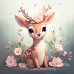 cute little deer with flowers