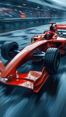 Fototapeta premium Red racing car blurred as it races around wet asphalt racetrack. Crowdy grandstands on background.