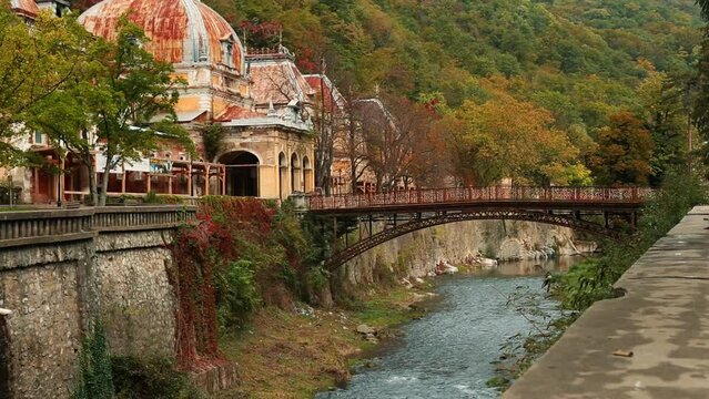 Historical "Neptune" Imperial Baths and Podul de Fonta on River Cerna in Baile Herculane, Romania