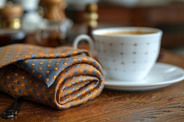 Naklejka premium A cozy scene with a coffee cup alongside a stylish dotted napkin on a wooden table