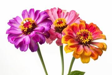 Realistic photograph of a complete Zinnias,solid stark white background, focused lighting