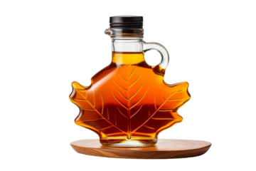 Liquid Gold: A Maple Leaf Shaped Bottle of Maple Syrup on a Clear PNG or White Background.