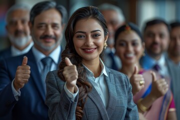 A woman in a business suit is giving a thumbs up to a group of people