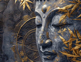Fototapeta premium A closeup of the Buddha's face, with golden lotus flowers and leaves on his head, surrounded by an ancient temple wall background, painted in black gray tones with gold lines