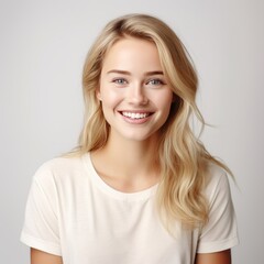 Ivory background Happy european white Woman realistic person portrait of young beautiful Smiling Woman Isolated on Background ethnic diversity equality acceptance concept 
