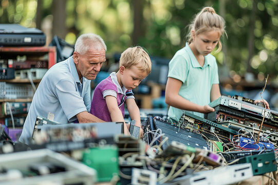 Family disposing of outdated electronics at recycling depot, green living principles.