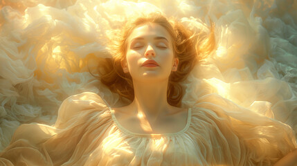 Woman in a flowing white dress with closed eyes, dreaming.