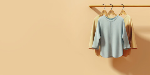 Three shirts hanging on hangers against a plain beige background, concept of minimalism and fashion,  Generative Ai