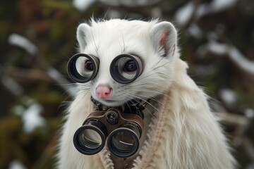 an ermine on the hunt looks out for a victim through binoculars