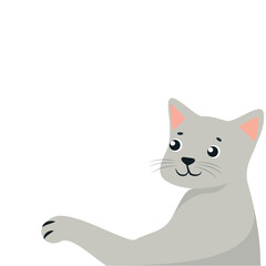 White background with gray vector cat in flat style. The cat stretched its paw on a white background. Animals, cards and backgrounds with animals.