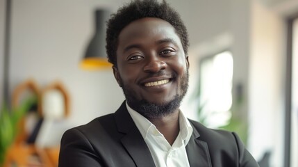Obraz premium Confident African Man in Business Suit Smiling, Modern Office, Professional Atmosphere, Diverse Workforce, Bright Daylight, Urban Environment