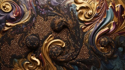 A detailed abstract composition featuring swirling organic and geometric patterns with rich golden and bronze tones
