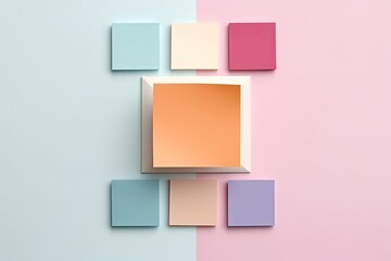 paper craft with square-shaped adorned in pastel hues, where multicolor sticky notepads stage in captivating wallpaper design against simple elegance backdrop.