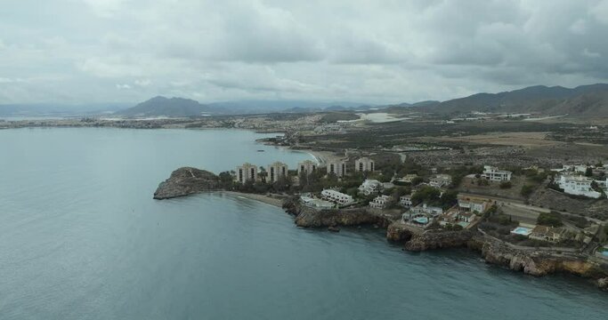 Aerial view of Cala Tabaco coastline, Isla Plana, Cartagena, Murcia, Spain.