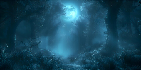 Obraz premium A spooky Halloween night with a haunted hayride passing through a ghostly forest, illuminated by moonlight and fog.