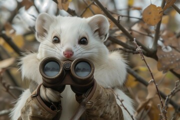 an ermine on the hunt looks out for a victim through binoculars