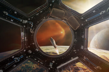 View of Starship taking off on a mission, from a porthole of ISS. Elements of this image furnished...
