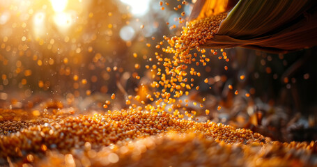 A detailed view of a stack of various grains, showcasing their textures and colors.