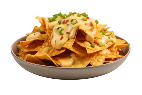 Nachos Delight: Cheesy Goodness With a Green Onion Twist on a Clear PNG or White Background.