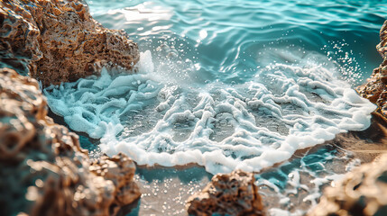 Obraz premium Dramatic Seascape with Crashing Waves on Rocky Shore, Vibrant Blue Ocean under a Clear Sky