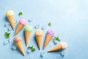 Various ice cream scoops in cones