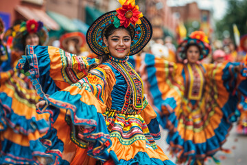 Fototapeta premium Colorful Mexican Folkloric Dancers Performing at Street Festival