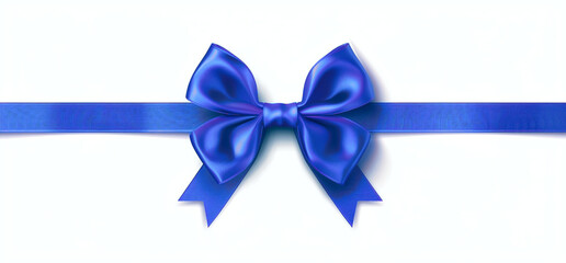  Blue ribbon bow with horizontal satin blue silk ribbons on white background