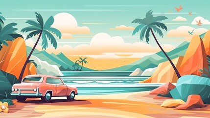 Obraz premium Vintage car parked on a tropical beach with palm trees, mountains, and ocean view under a sunny sky with a colorful, serene atmosphere.