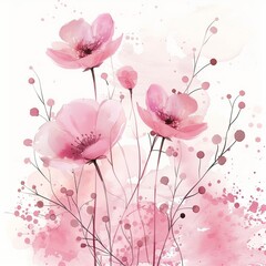 Watercolor illustration of delicate flowers, graceful petals of pastel shades create an airy composition that conveys the subtle beauty of nature. Fine strokes and soft transitions of shades emphasize