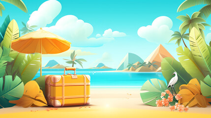 Obraz premium Illustrated tropical beach scene with suitcase, umbrella, palm trees, and mountains in background under sunny sky.