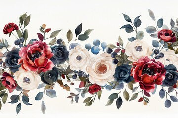 watercolour dark red, navy blue and cream coloured floral arrangement, white background, leaves and roses peonies anemones daisies 