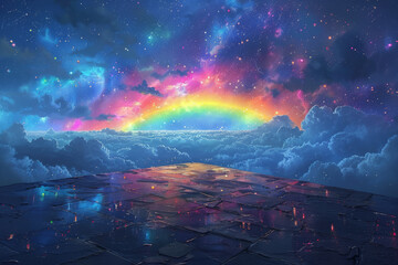 Cloud fairytale, where celestial wonders of vibrant rainbow and glistening Milky Way converge in a symphony of colors and light,