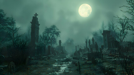 A spooky Halloween night with mummies wandering through a graveyard, illuminated by moonlight and fog.