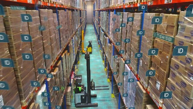 Scanning product IDs in a modern warehouse. Artificial intelligence analyzes the goods in the warehouse. The appearance of plates with ID of goods in the warehouse. Product scanning process.