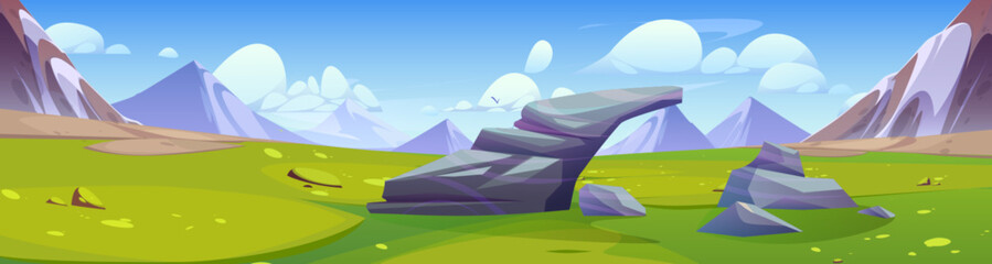 Summer or spring landscape with green grass on valley with large stones surrounded by mountains. Cartoon vector scenery with meadow, rocky hills and blue sky with clouds. beautiful countryside park.