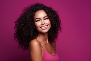 Magenta background Happy black independant powerful Woman realistic person portrait of young beautiful Smiling girl Isolated on Background ethnic diversity equality acceptance concept 