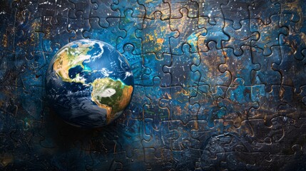 An artistic representation of the Earth as a puzzle sphere, with pieces coming together to form the complete planet, symbolizing global unity and cooperation, and the idea - Powered by Adobe