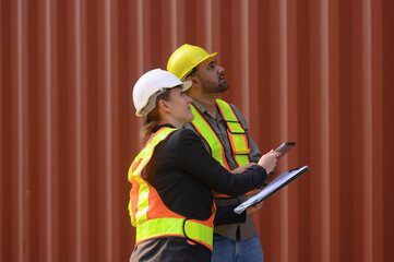 A group of men and women of professional container assemblers stand in a container shipping yard, looking at the preparation of containers. Logistics workers working at containers