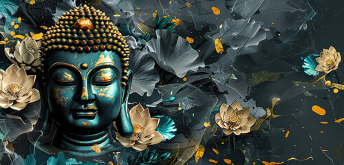 Fototapeta premium A large gold Buddha head with lotus flowers in the background, abstract digital art