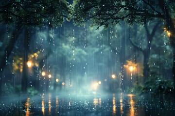 rainy trees, set against a backdrop of dark sky-blue and light emerald hues, creating a fantastical street scene.