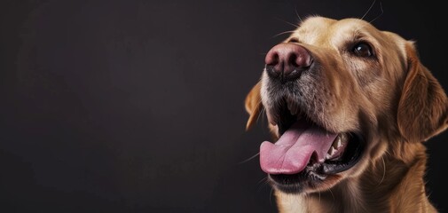 Happy Labrador portrait, Cute and joyful pet dog, Animal banner, Copy space, Fluffy Labrador face,...