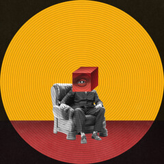 Watchful Eye of Media. Faceless man sitting on armchair with multi-layered eye cube instead head....