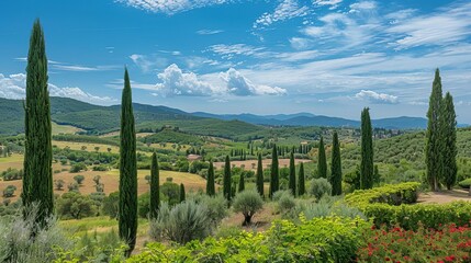 A scenic view of the Mediterranean landscape with rolling hills and cypress trees,