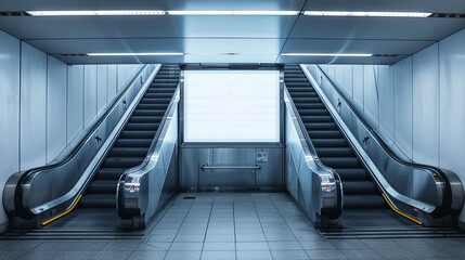 Subway station billboard concealed by a pure white blanket, adjacent escalator.