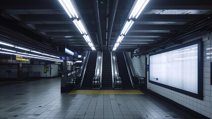 White blanket billboard cover, illuminated subway station platform, escalator visible.
