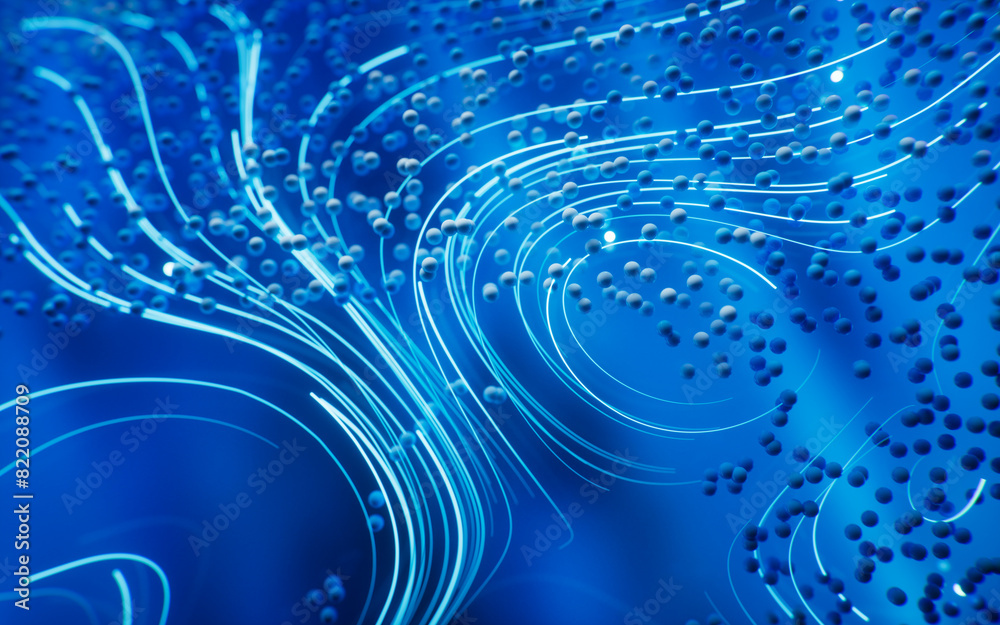 Poster flowing curve lines and particles, 3d rendering.